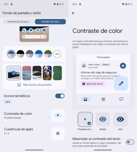 Android 15 ベータ 2 のカラー コントラスト