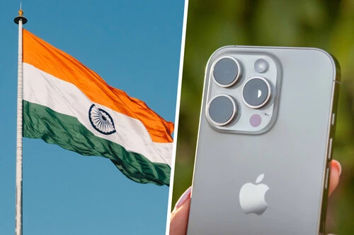 Composición con foto de la bandera de India e imagen de un iPhone 16 Pro