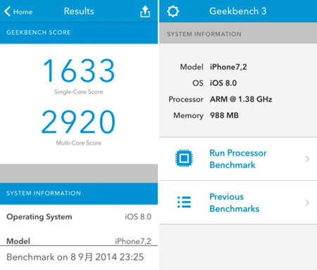 El iPhone 6 se deja ver en Geekbench. Chip A8 de doble núcleo, 1GB de RAM y nuevo sensor de 8 Mpx