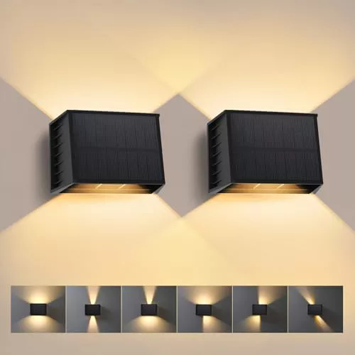 T-SUN 2 Piezas Lámparas Solares para Exterior 3000K Aplique Solar de Pared Exterior Aplique Cuadrado Negro IP65 Impermeable Ajustable Arriba Abajo para Jardín Pared Valla Garaje Escalera