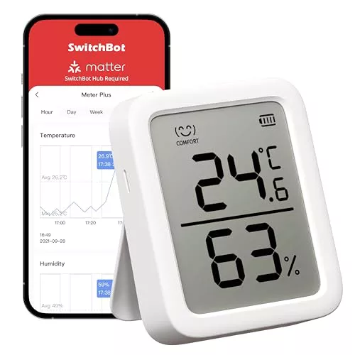 SwitchBot Termómetro Higrómetro Plus - Termómetro digital de interior con chip suizo de precisión, control por APP, termohigrómetro para el hogar Habitación Nevera Oficina Bodega，3en pantalla grande