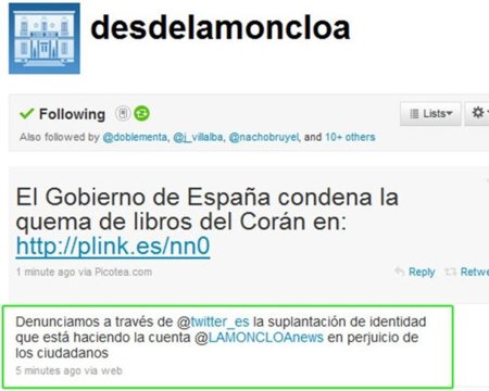 El "falso" twitter de La Moncloa se limita a ofrecer información gubernamental