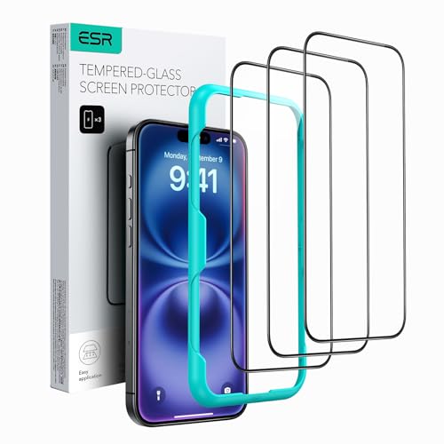 ESR Protector Pantalla para iPhone 16/iPhone 15 (3 Unidades), Película Cristal Templado, Herramienta Instalación Fácil, dureza 9H, Grado Militar, Cobertura Total, Transparencia HD, Resistente Arañazos