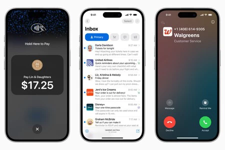 iPhone の「ウォレット」アプリ、「メール」アプリ、および通話で会社 ID がどのように表示されるかは次のとおりです。