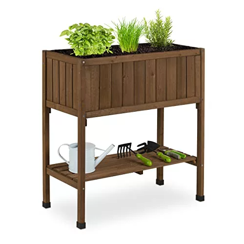 Relaxdays Huerto Urbano Madera de Abeto, Jardinera con Balda, Arriate Balcón y Terraza, 80x74x38 cm, Marrón