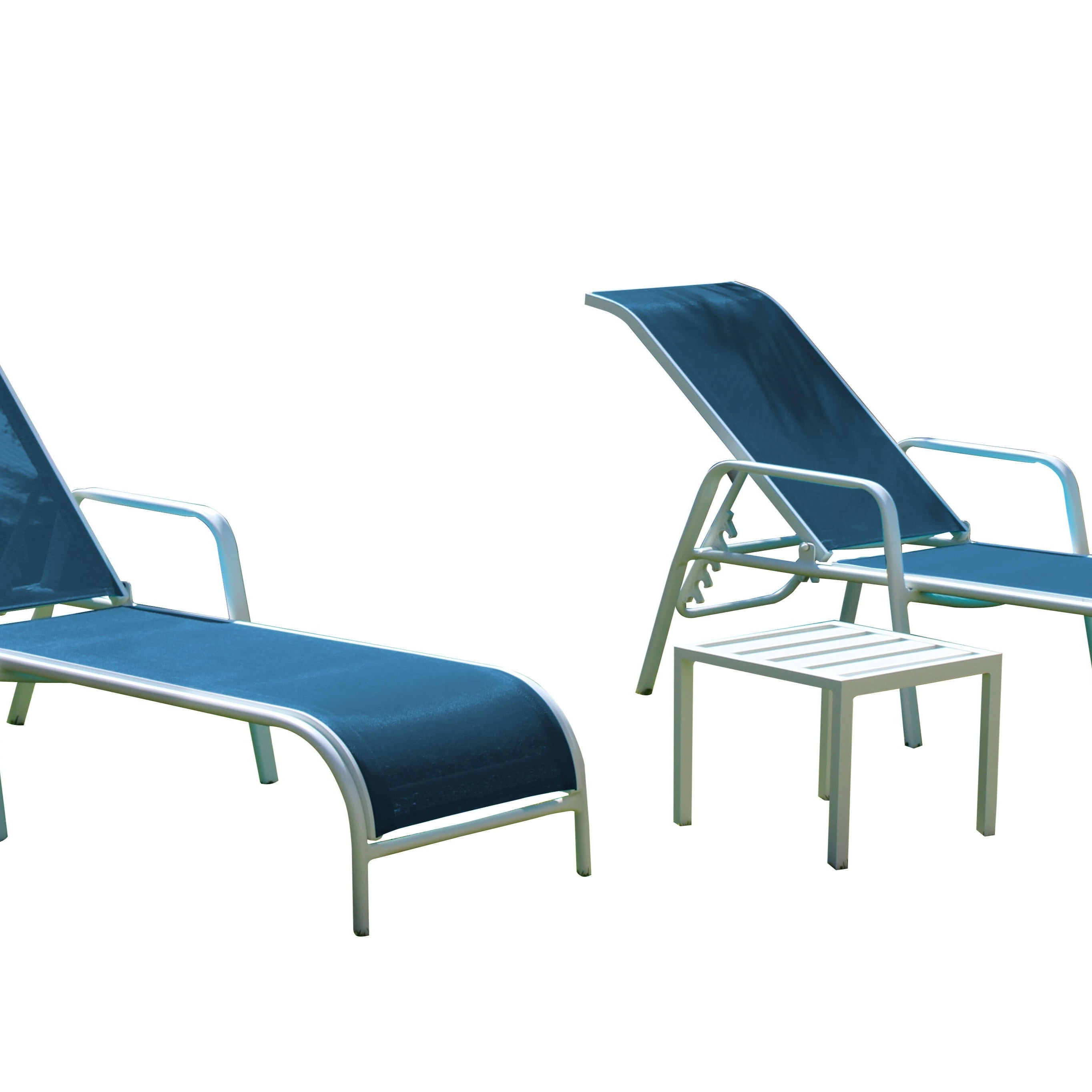 Set 2 tumbonas de aluminio MADAGASCAR + mesa blanco/azul marino
