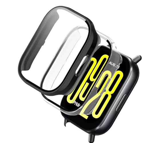 ELYCO Funda Compatible con Xiaomi Redmi Watch 5 Active Carcasa, [2 Piezas] PC Cover e HD Cristal Templado, Slim Cover Completa 360° Protector de Pantalla Anti-Choque Case Protección [Negro+Claro]