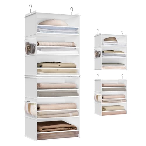 SONGMICS Organizador Colgante, Organizadora de Armario, Estante Divisible, Almacenamiento Plegable y Ahorra Espacio, Ganchos de Metal y Soporte de Bambú, Blanco Nube RCH007W01