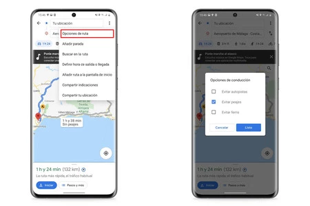 Google マップのルート オプション