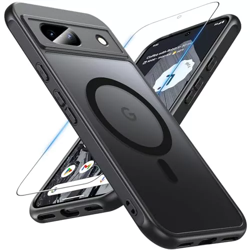 Funda Google Pixel 8a, Magnética Funda para Pixel 8a con Protector de Pantalla Carcasa Google 8a Antigolpes Protectora Translúcido TPU Silicona Funda Compatible con MagSafe (Negro)