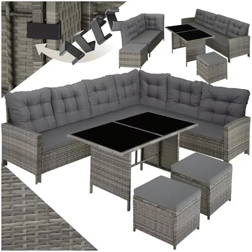 tectake® Conjunto Jardín de Ratán Mesa y Cojines, Conjunto Terraza Resistente a la Intemperie y Combinable, Muebles Jardín Exterior 5 Piezas, Sofá de Esquina, 2 Taburetes y 1 Mesa, Acero - Gris/Beige