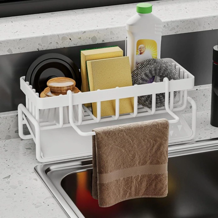 Estante multifuncional para fregadero de cocina, baño, esponja y paño de limpieza, acero al carbono duradero