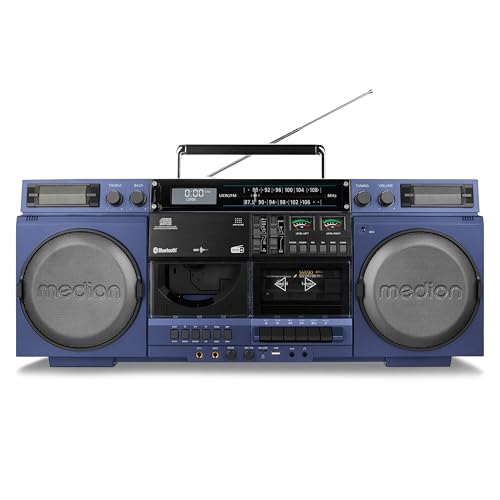 MEDION P66538 Reproductor de Casete (Retro Ghettoblaster con Reproductor de CD, años 80, Grande, USB, SD, CD, Casete MC, Antena telescópica de Radio Dab+, Bluetooth, pletina de Casete