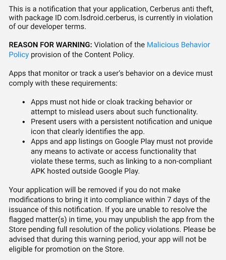 Google Play の盗難防止アプリ「Cerberus」に関する警告