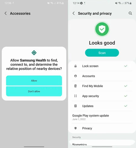 左、One UI 5 のフローティング通知ウィンドウ。そうです、セキュリティとプライバシー センターです。 9to5Google 画像