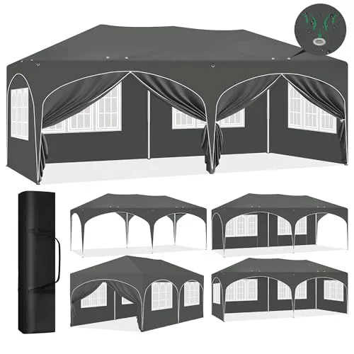 Laneetal Carpa Plegable 3x6 M, Gazebo de Jardín con 6 Paredes Laterales con Cremalleras En Las Ventanas, Pergola Jardín para Exterior, Pabellón Cenador para Camping y Fiestas, Gris