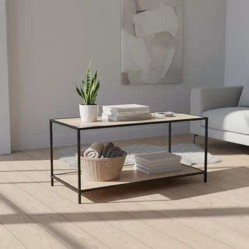 INDE MOBLEKIT | Mueble Auxiliar Bajo con 2 Niveles 78x38x38 cm, Estantería de Madera y Estructura Metálica Negra, Acabado Mate para Salón, Recibidor o Dormitorio