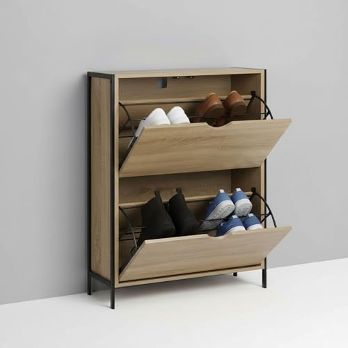 INDE MOBLEKIT | Zapatero 2 Niveles 65×24×80 cm, Mueble Organizador de Calzado con Puertas Abatibles y Estructura de Madera y Metal, Zapatero Compacto para Entrada o Dormitorio