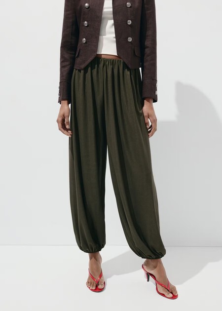 Pantalon Amplio Cintura Elastica Fluido Mango Rebajas Comodos Elegantes Boho