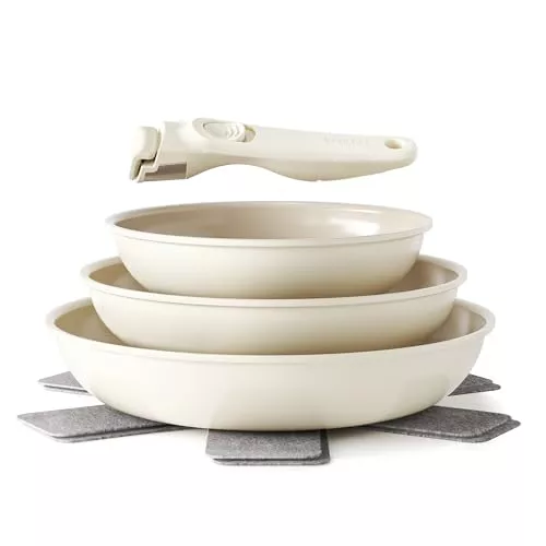 Redchef Juego de Ollas 6 Piezas sartenes Cerámicas, Sartén Cerámica con Granito Antiadherente, Apta para Inducción 20, 24, 28 cm, Ahorra Espacio, Sin Ptfe & Pfoa & Pfas, Horno y Lavavajillas, Beige