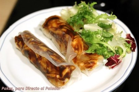 Rollitos de pasta de arroz con pollo. Receta