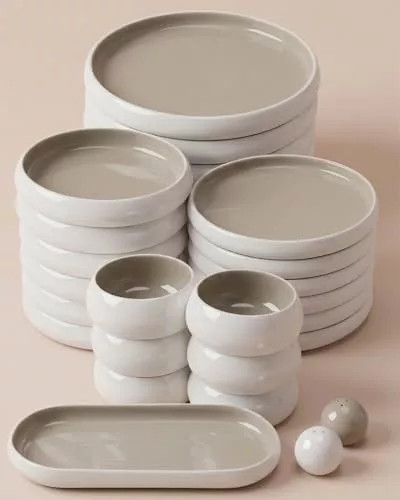 BAVARY Vajilla Porcelana Chubby 27 Piezas – Vajillas Completas 6 Personas – Juego De Platos Vajilla Con Platos Llanos Y Platos Hondos, Cuencos – Apta Microondas/lavavajillas