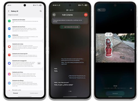 Izquierda, listado de funciones de Galaxy AI; centro, intérprete de llamadas; derecha, Object eraser en la aplicación de galería