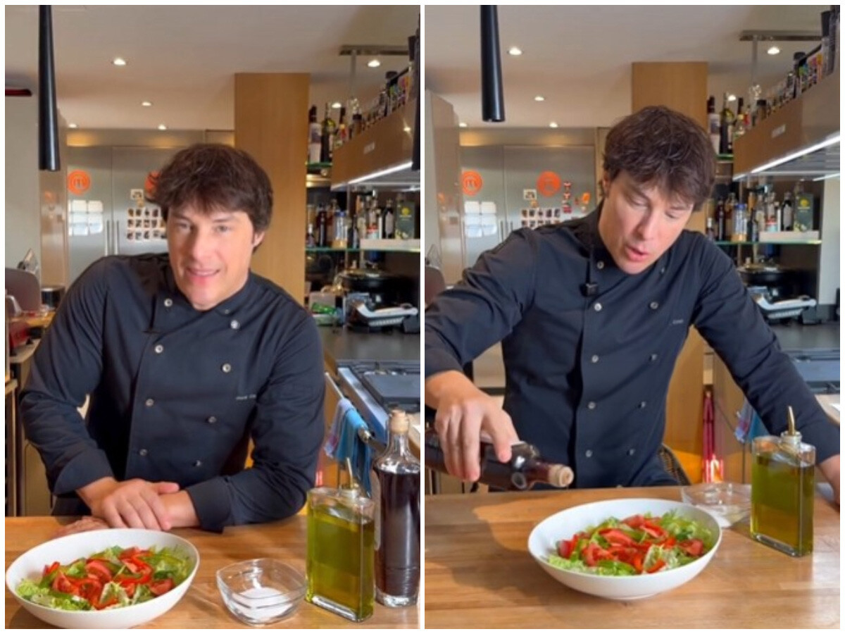 Chef aliñando una ensalada con vinagre, sal y aceite en el orden correcto