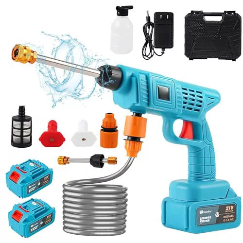 Hidrolimpiadora Bateria 35 Bar, Pistola de Agua a Presión con 2 Baterías 12000mAh, Manguera de 10m y Caja de Herramientas portátil, Limpiador a presion batería para Jardín y Coche