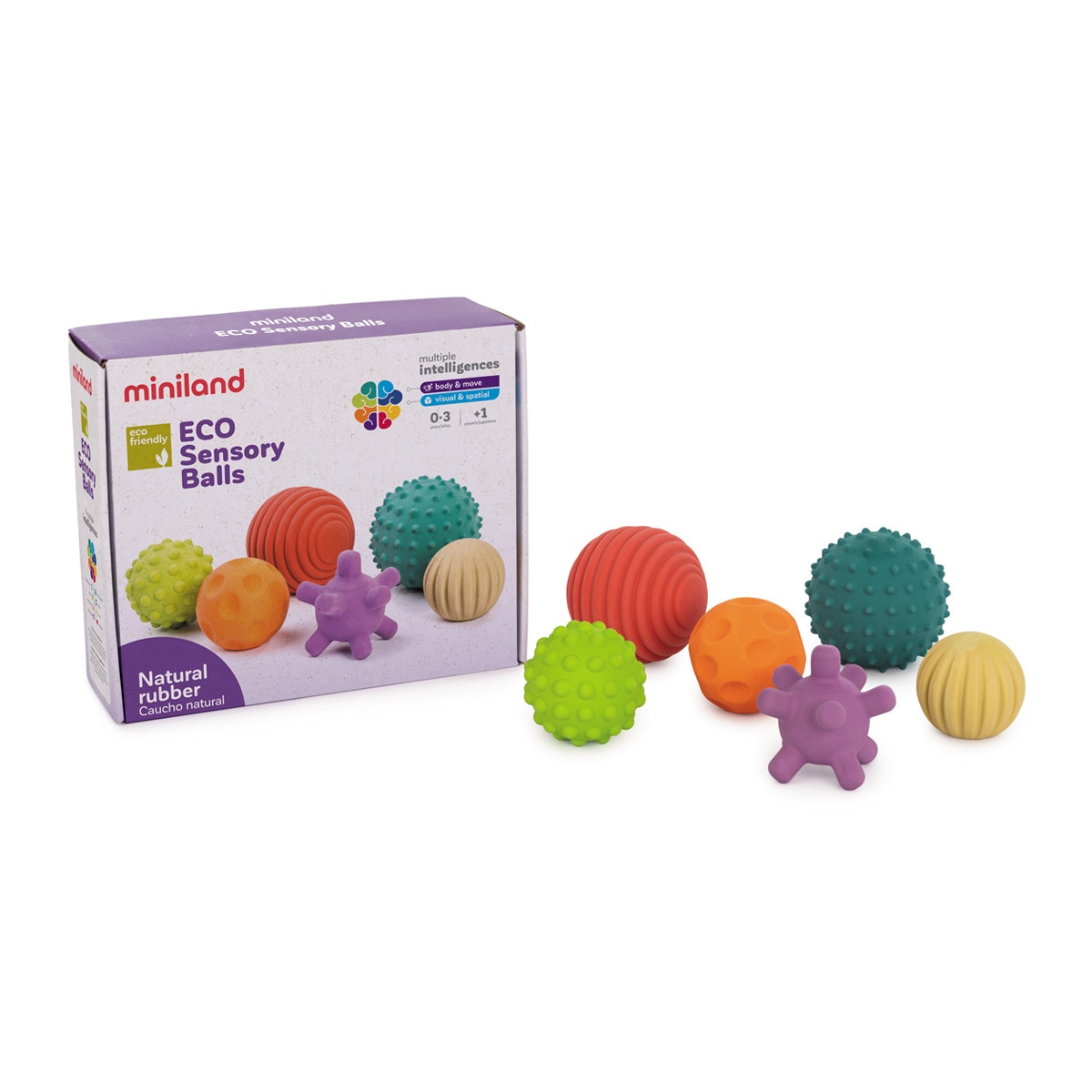 Set de bolas sensoriales de caucho natural. Al ser de material blandito, son muy fáciles de agarrar y adecuadas para manipular y morder por los más pequeños. Sus colores y texturas diferentes favorecen la estimulación sensorial -tanto táctil como visual- y contribuyen al desarrollo de las habilidades motoras de los niños y niñas. Contenido: 6 bolas