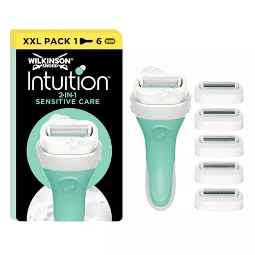 Wilkinson Sword - Intuition Sensitive Care - Pack XXL - Cuchillas de Afeitar para Mujer - Incluye 1 Maquinilla de Afeitar + 6 Recambios con Bandas