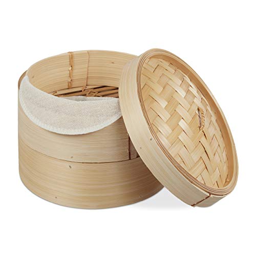 Relaxdays Vaporera de bambú, Cesta tradicional con dos bandejas, Para arroz, Cocedor al vapor, Ø 20,5 cm, 1 Ud., Marrón
