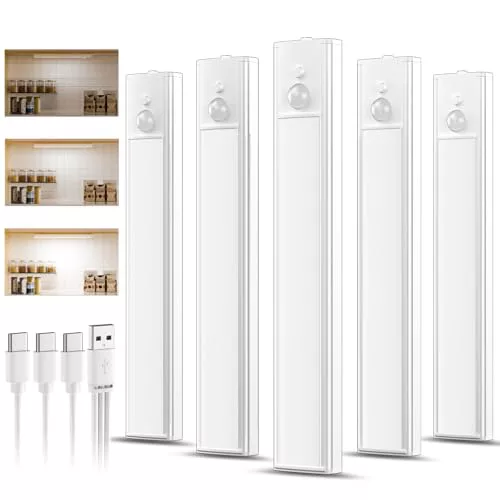 daphomeu 5 Pack 20CM Luces led Cocina Recargables, Atenuable tipo C carga | Luz Armario Sensor Movimiento,Blanco frío Luz Sensor Movimiento Interior, Lampara Led para estantería, armario de escaleras