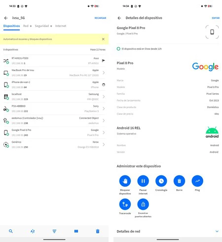 Lista de dispositivos conectados a la red Wi-Fi de 5 GHz con detalle de uno concreto