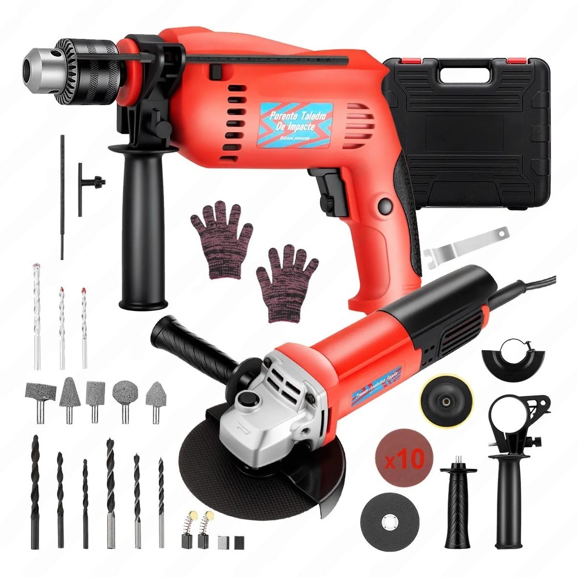 Paquete de rotomartillo y esmeril con accesorios