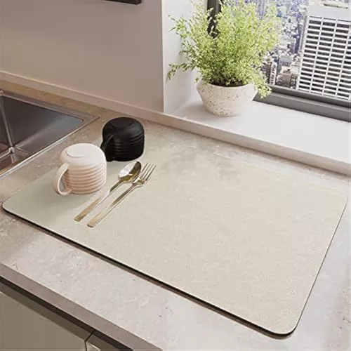 Morbuy Alfombrilla Escurreplatos, 50x40cm Secado Rápido Alfombrilla Cafetera, Color Sólido Estera Fregadero Antideslizante Encimeras, Absorbente Alfombrilla para Encimera de Cocina (Beige)