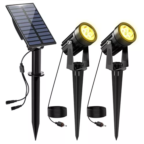 NATPOW Luces Solares LED Exterior Jardin Foco Solar de Jardín Luz Solar Exterio, IP65 Impermeable, 2 Niveles de Brillo de Crepúsculo a Amanecer Iluminación para Patio, Terreza, Césped (3000K)