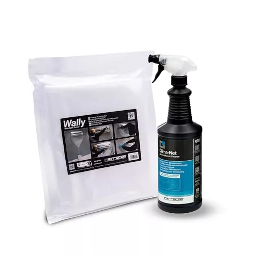 ERRECOM Kit Limpieza Aire Acondicionado: 1 Detergente Clima-Net para Aires Acondicionados, Filtros, Baterías Aletas, Unidades Externas 1 L, y 1 Wally Cover Protección Limpieza de Splits y Evaporadores
