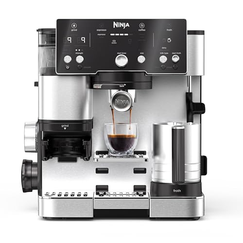 Ninja Luxe Essential Cafetera 2 en 1 para latte, cappuccino y espresso con molinillo y espumador de leche integrados, fácil de usar y 2 preajustes automáticos de espuma, plata, ES501EU