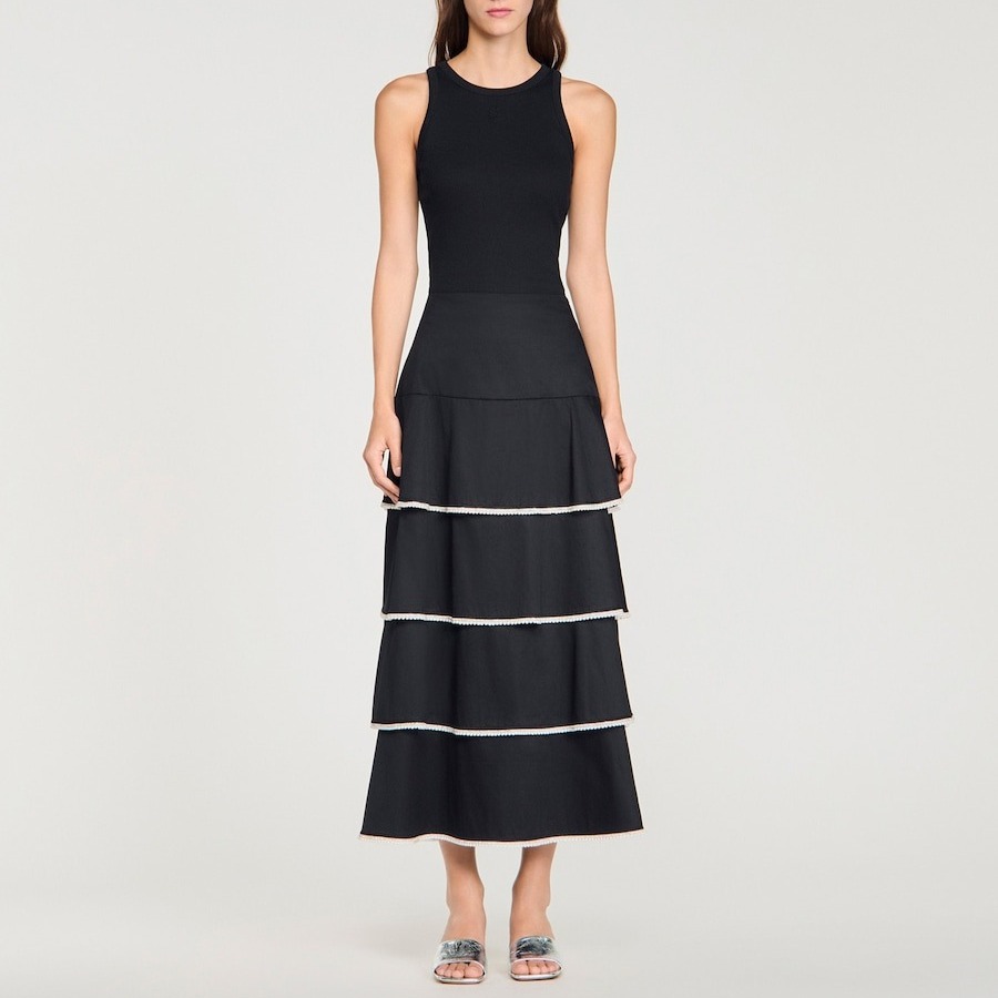 Sandro
Falda larga acampanada de talle alto con strass, volantes y 100% algodón