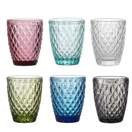 TRESV Set de 6 Vasos Colores o Transparente, Vaso de Cristal agua de 250ml, Vaso de Agua y Bebidas, Aptos para Lavavajillas (6 colores)