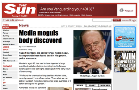 El grupo de hackers LulzSec cuelga un artículo falso en The Sun en el que afirma que Murdoch ha muerto de sobredosis