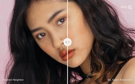 従来の最近傍技術と Pixelmator Pro の ML 超解像度を使用して拡大された画像の例。