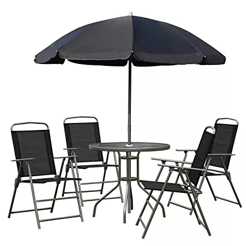 Outsunny Conjunto de Muebles para Jardín con 4 Sillas 1 Mesa y 1 Parasol Texteline Aluminio y Poliéster Negro