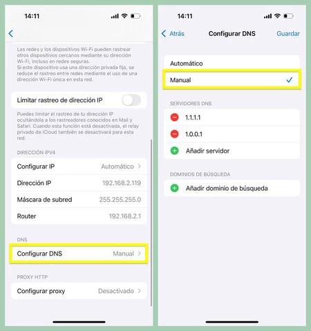 Capturas de pantalla mostrando el menú desde el que podemos modificar los DNS en iOS