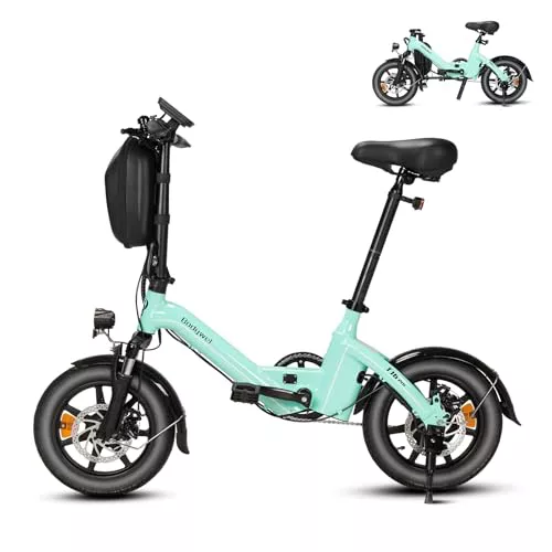 Bodywel T16PRO Bicicleta Eléctrica Plegable, 14" Portable E-Bike, City EBike con 4.5 Pulgadas Pantalla LED, Batería 36V/7.8Ah, Frenos de Doble Disco, Unisex Adulto (Aqua Azul)