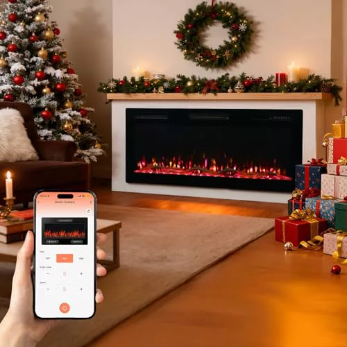 HOMAVO 50" Chimenea Eléctrica con Calefacción, 1000W/2000W Chimenea Decorativa, 12 Colores de Llama 3D, 12 Colores de Fuego de Madera, Control Remoto & App, Incluido Mueble Chimenea