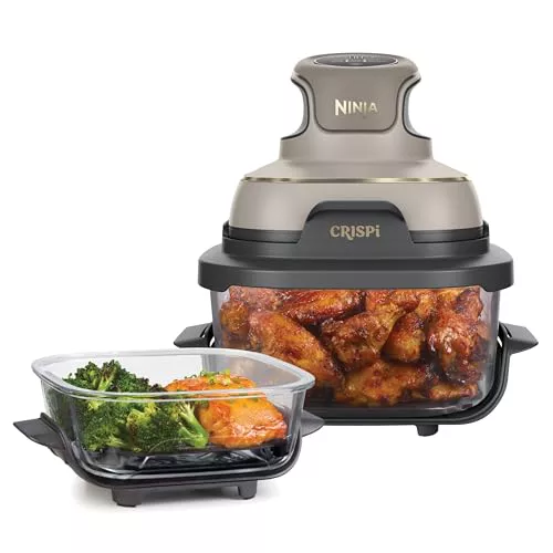 Ninja CRISPi Freidora de aire portátil, 3,8 l, 4 en 1, freír con aire, asar, mantener caliente y gratinar, incluye 2 recipientes de vidrio extraíbles y tapas, piedra dorada, FN101EUSTGD