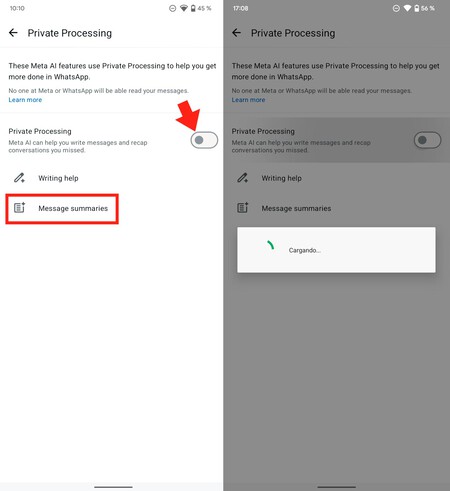 Activación de los resúmenes con IA dentro de WhatsApp