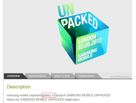 La denominación "Galaxy S3" aparece en la aplicación del Samsung Unpacked 2012